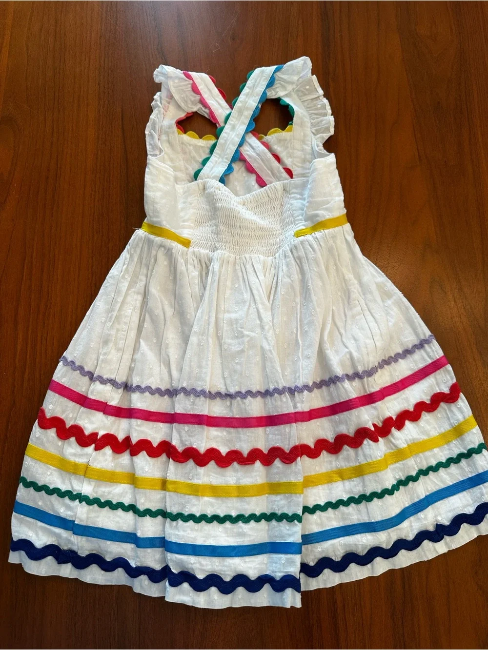 Mini Boden White Pinafore jumper with Rainbow Ric-Rac Trim size 4-5